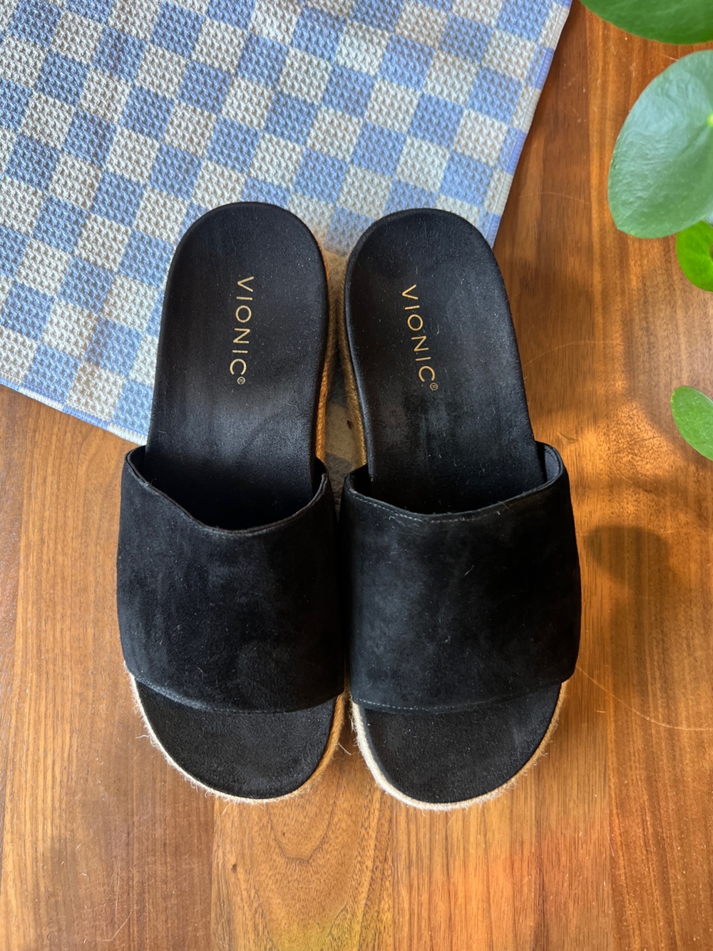 Vionic Black Suede Slide Sandals